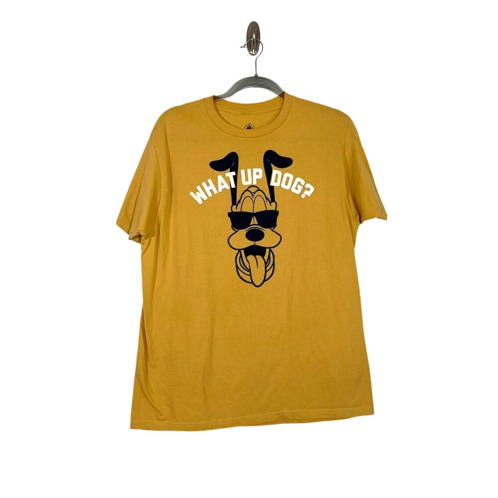 Disney Parks Unsex What Up Dog? Pluto Graphic Short Sleeve Tee Yellow Large